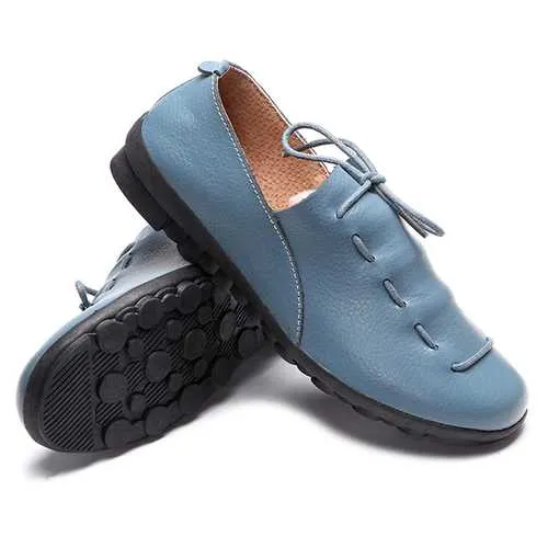 Casual Comfy Lace Up Soft Leather Round Toe Flat Loafer Shoe