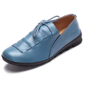 Casual Comfy Lace Up Soft Leather Round Toe Flat Loafer Shoe