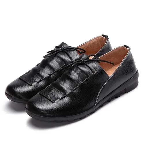 Casual Comfy Lace Up Soft Leather Round Toe Flat Loafer Shoe