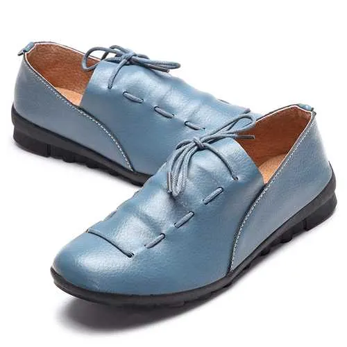 Casual Comfy Lace Up Soft Leather Round Toe Flat Loafer Shoe