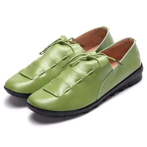 Casual Comfy Lace Up Soft Leather Round Toe Flat Loafer Shoe