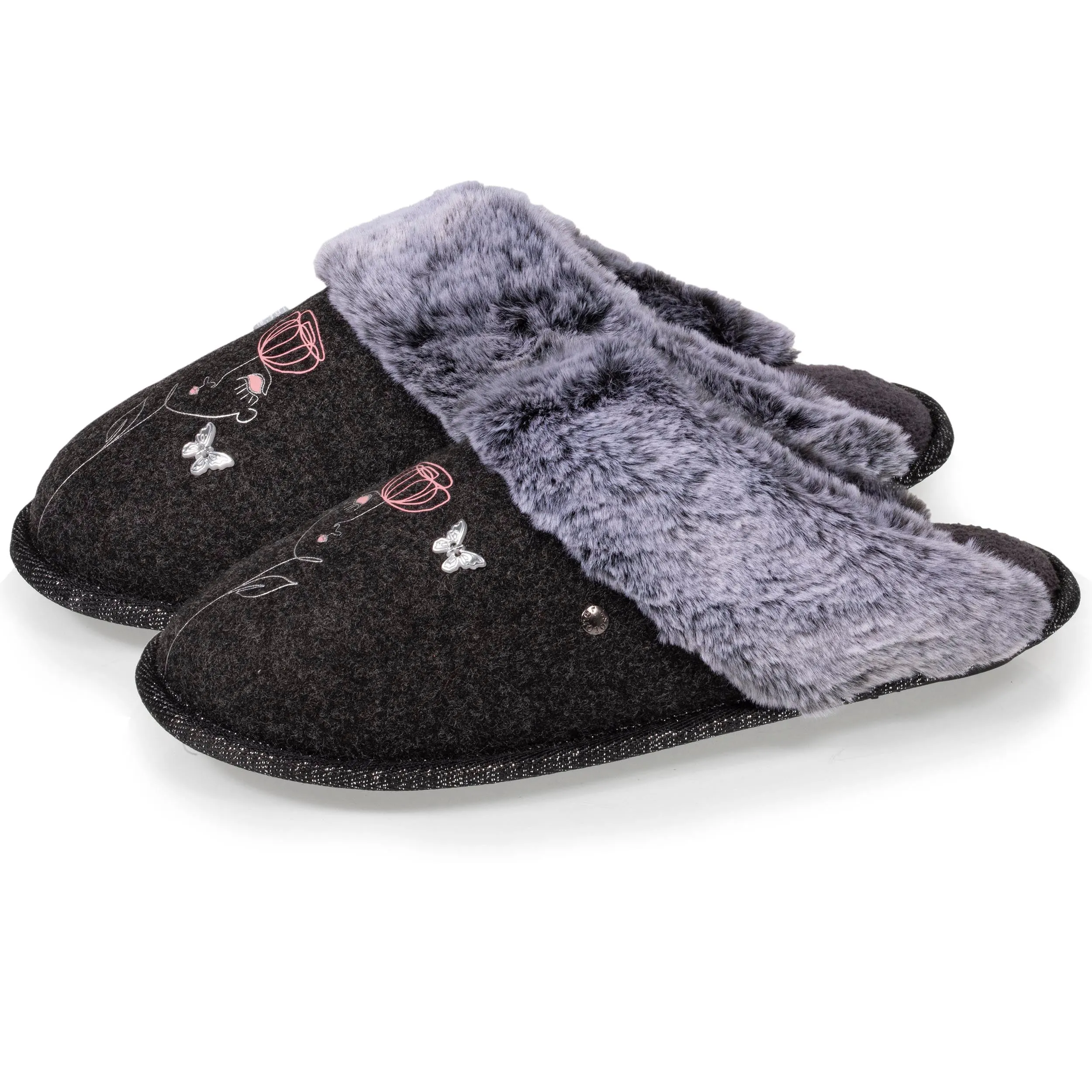Chaussons mules plates Femme Gris dessin