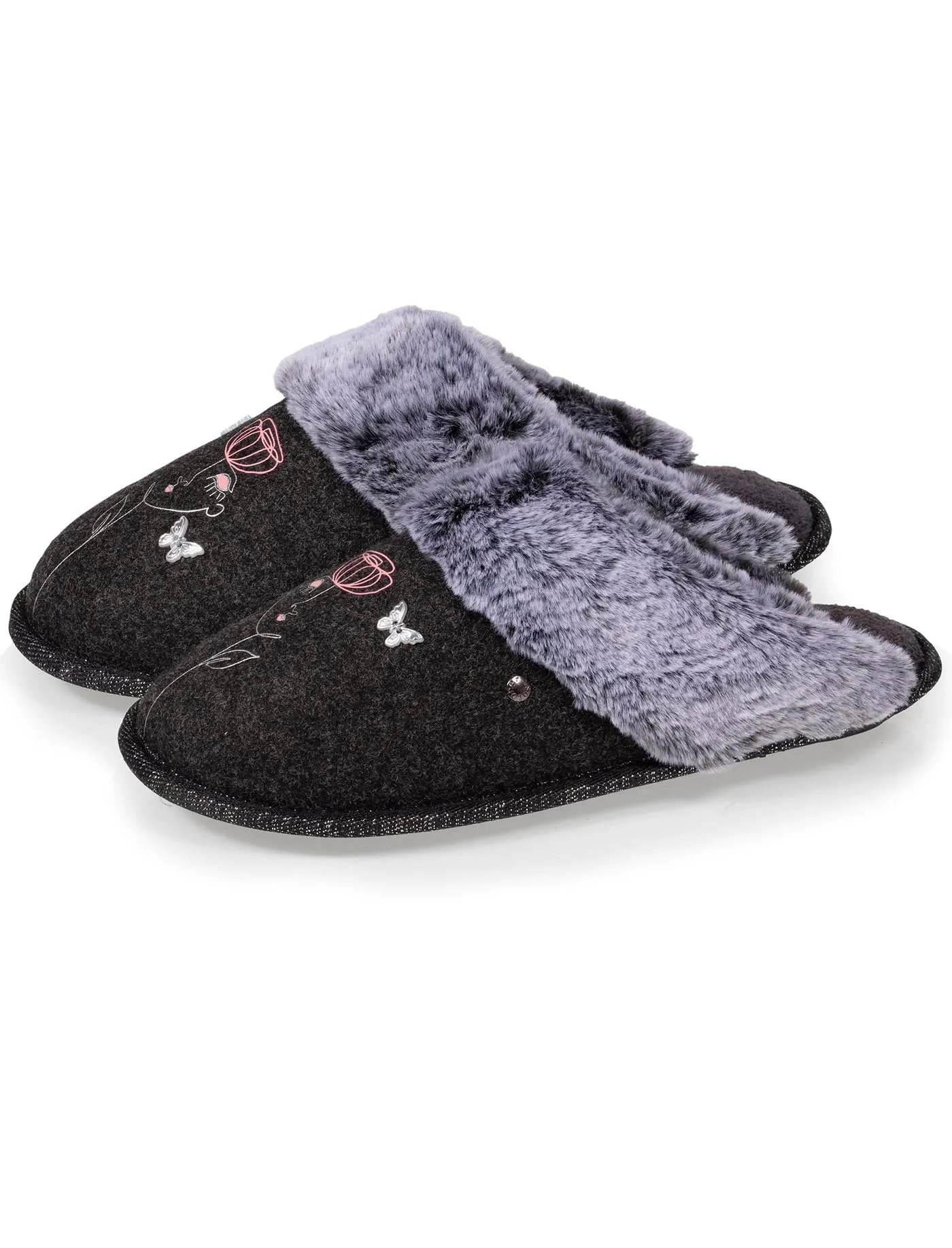 Chaussons mules plates Femme Gris dessin