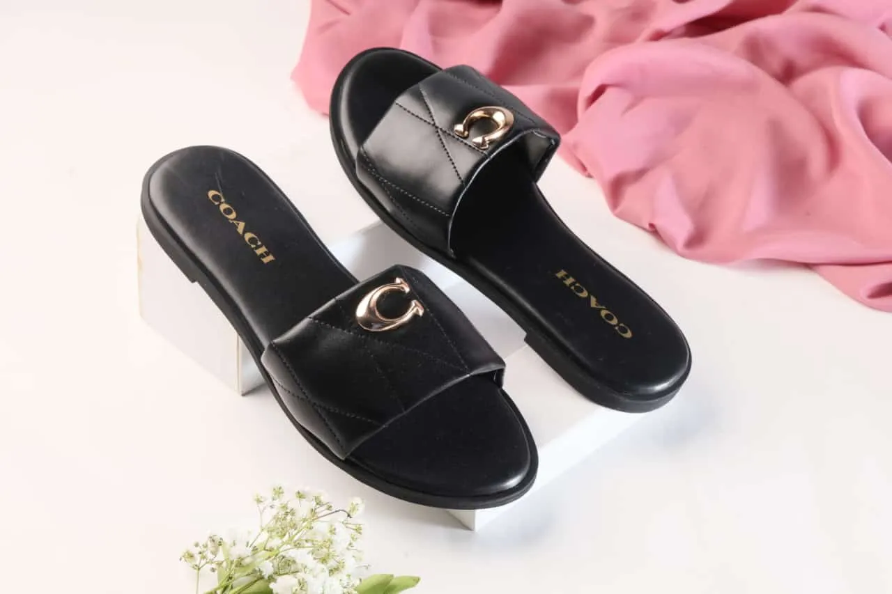 COACH METAL LOGO FLAT SLIDES - BLACK