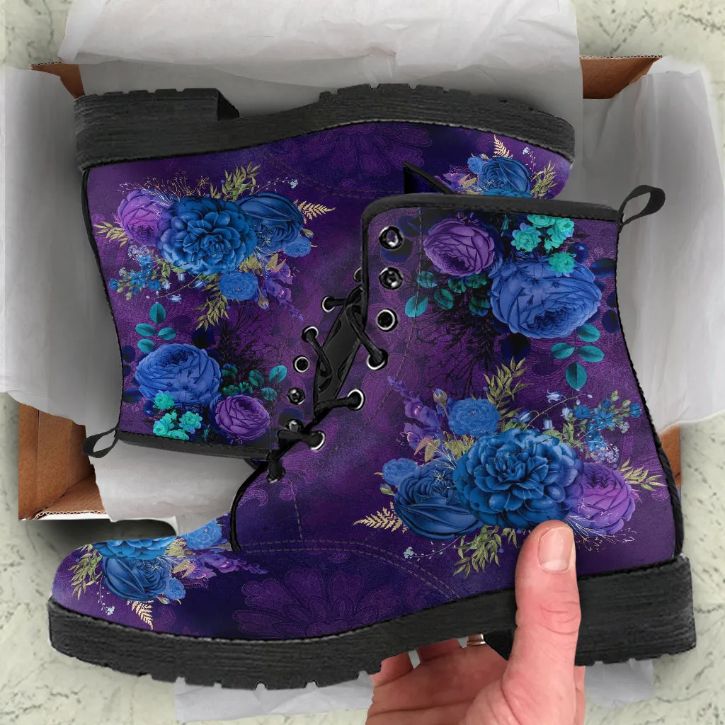 Combat Boots - Beautiful Flowers #101B | Women's Black Hipster Boots, Custom Shoes, Women's Boots, Vegan Leather Lace Up Boots Women