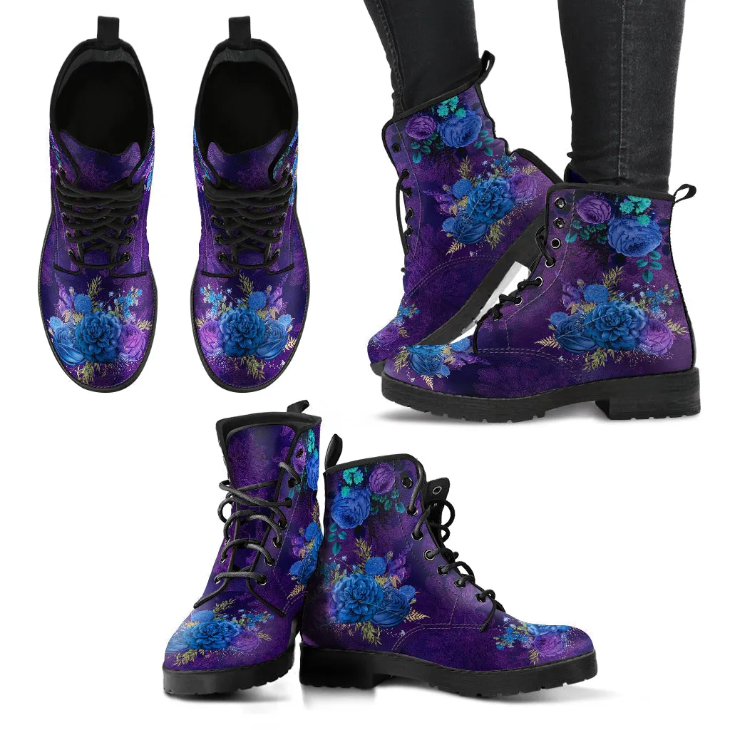 Combat Boots - Beautiful Flowers #101B | Women's Black Hipster Boots, Custom Shoes, Women's Boots, Vegan Leather Lace Up Boots Women