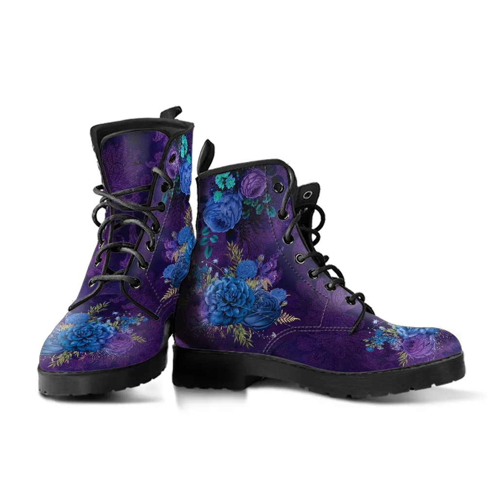 Combat Boots - Beautiful Flowers #101B | Women's Black Hipster Boots, Custom Shoes, Women's Boots, Vegan Leather Lace Up Boots Women