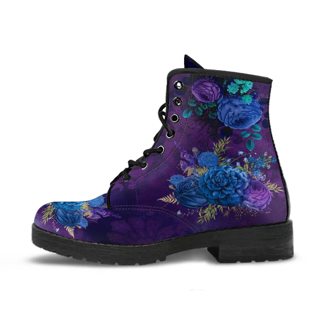 Combat Boots - Beautiful Flowers #101B | Women's Black Hipster Boots, Custom Shoes, Women's Boots, Vegan Leather Lace Up Boots Women