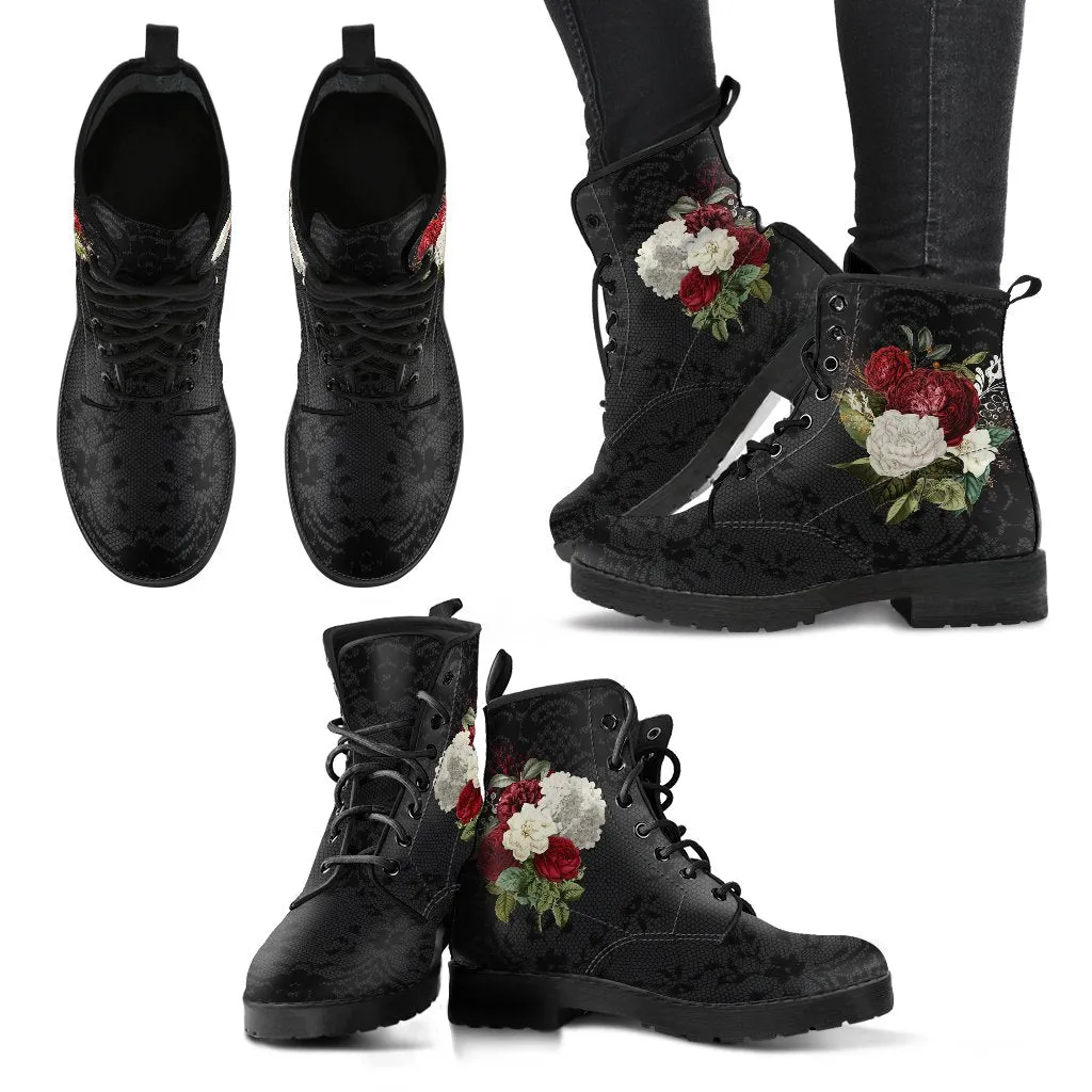 Combat Boots - Beautiful Flowers #31 | Women's Black Hipster Boots, Custom Shoes, Women's Boots, Vegan Leather Lace Up Boots Women
