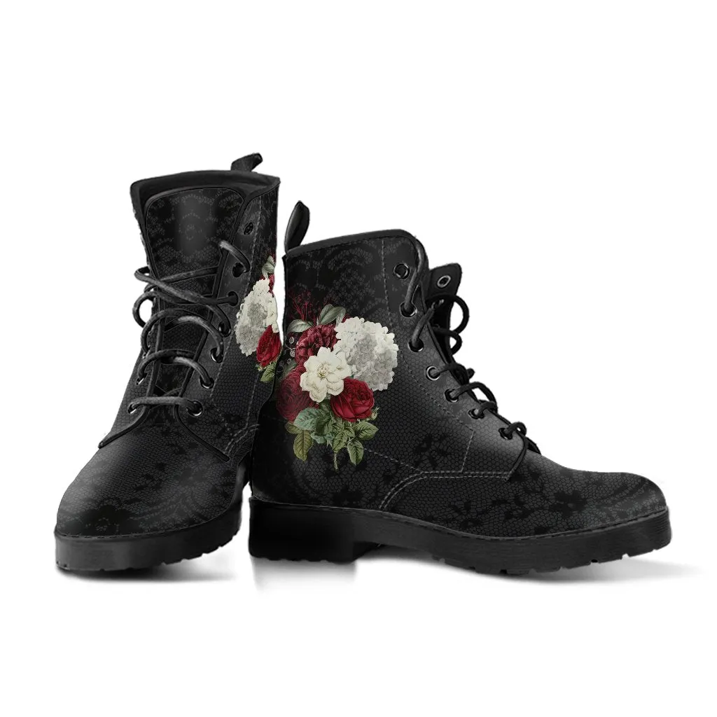 Combat Boots - Beautiful Flowers #31 | Women's Black Hipster Boots, Custom Shoes, Women's Boots, Vegan Leather Lace Up Boots Women