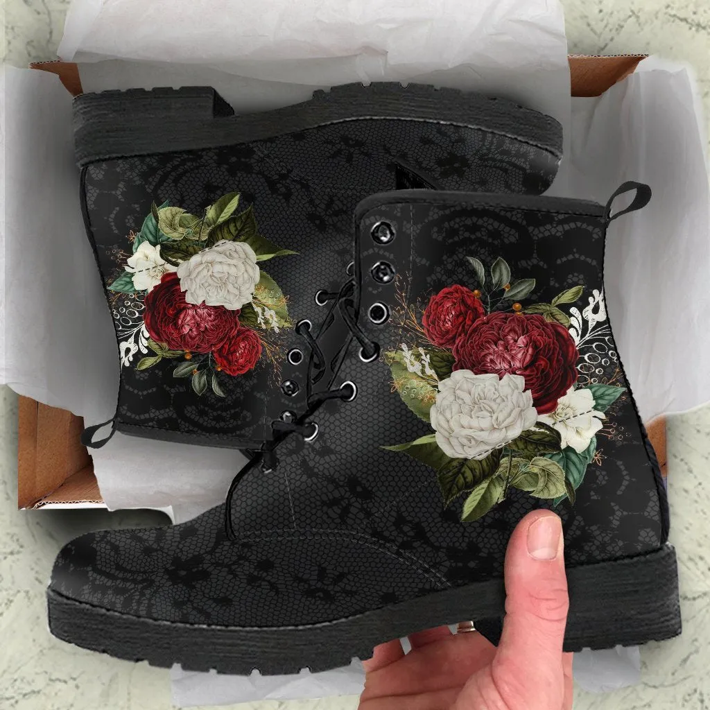 Combat Boots - Beautiful Flowers #31 | Women's Black Hipster Boots, Custom Shoes, Women's Boots, Vegan Leather Lace Up Boots Women