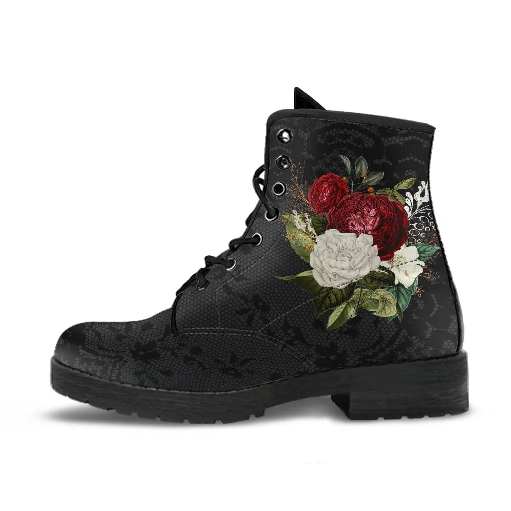 Combat Boots - Beautiful Flowers #31 | Women's Black Hipster Boots, Custom Shoes, Women's Boots, Vegan Leather Lace Up Boots Women