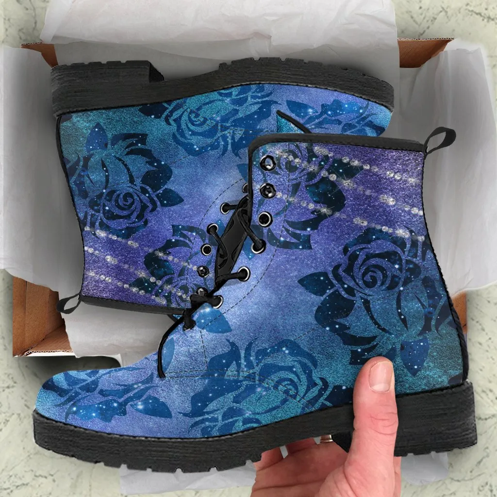Combat Boots - Blue Green Boots with Roses | Custom Shoes, Vegan Shoes, 90s Boots, 2000s Boots, Hippie Boots, Women's Boots