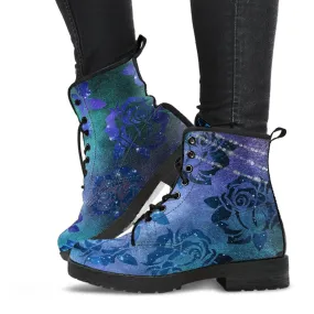Combat Boots - Blue Green Boots with Roses | Custom Shoes, Vegan Shoes, 90s Boots, 2000s Boots, Hippie Boots, Women's Boots