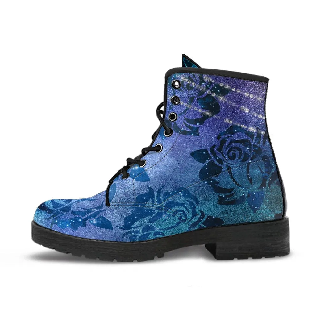 Combat Boots - Blue Green Boots with Roses | Custom Shoes, Vegan Shoes, 90s Boots, 2000s Boots, Hippie Boots, Women's Boots