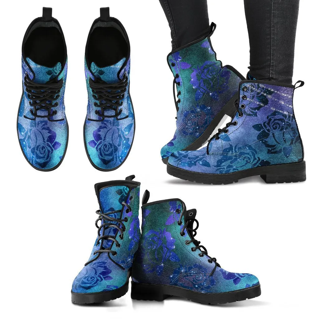 Combat Boots - Blue Green Boots with Roses | Custom Shoes, Vegan Shoes, 90s Boots, 2000s Boots, Hippie Boots, Women's Boots