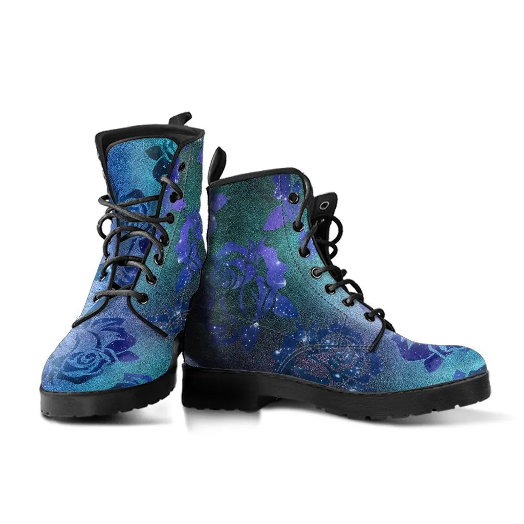 Combat Boots - Blue Green Boots with Roses | Custom Shoes, Vegan Shoes, 90s Boots, 2000s Boots, Hippie Boots, Women's Boots