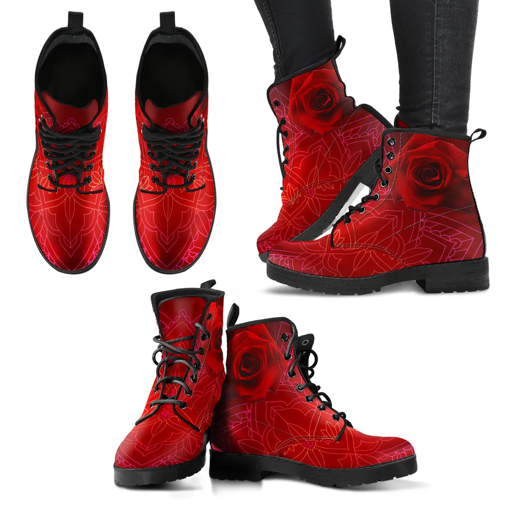 Combat Boots - Red Mandala | Handmade Lace Up Boots, Vegan Leather Lace Up Boots Women, Aesthetic Shoes, Sorority Shoes, Women's Boots