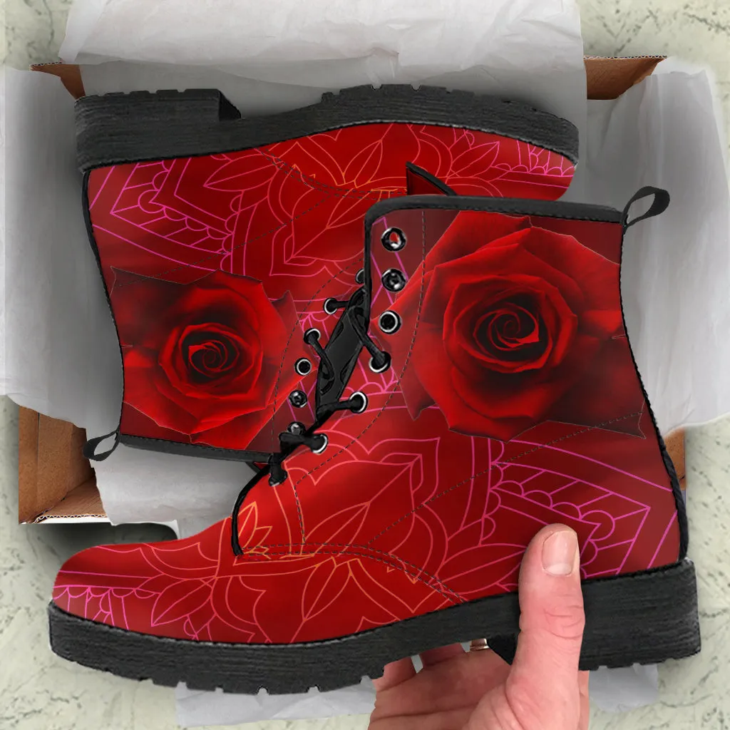 Combat Boots - Red Mandala | Handmade Lace Up Boots, Vegan Leather Lace Up Boots Women, Aesthetic Shoes, Sorority Shoes, Women's Boots