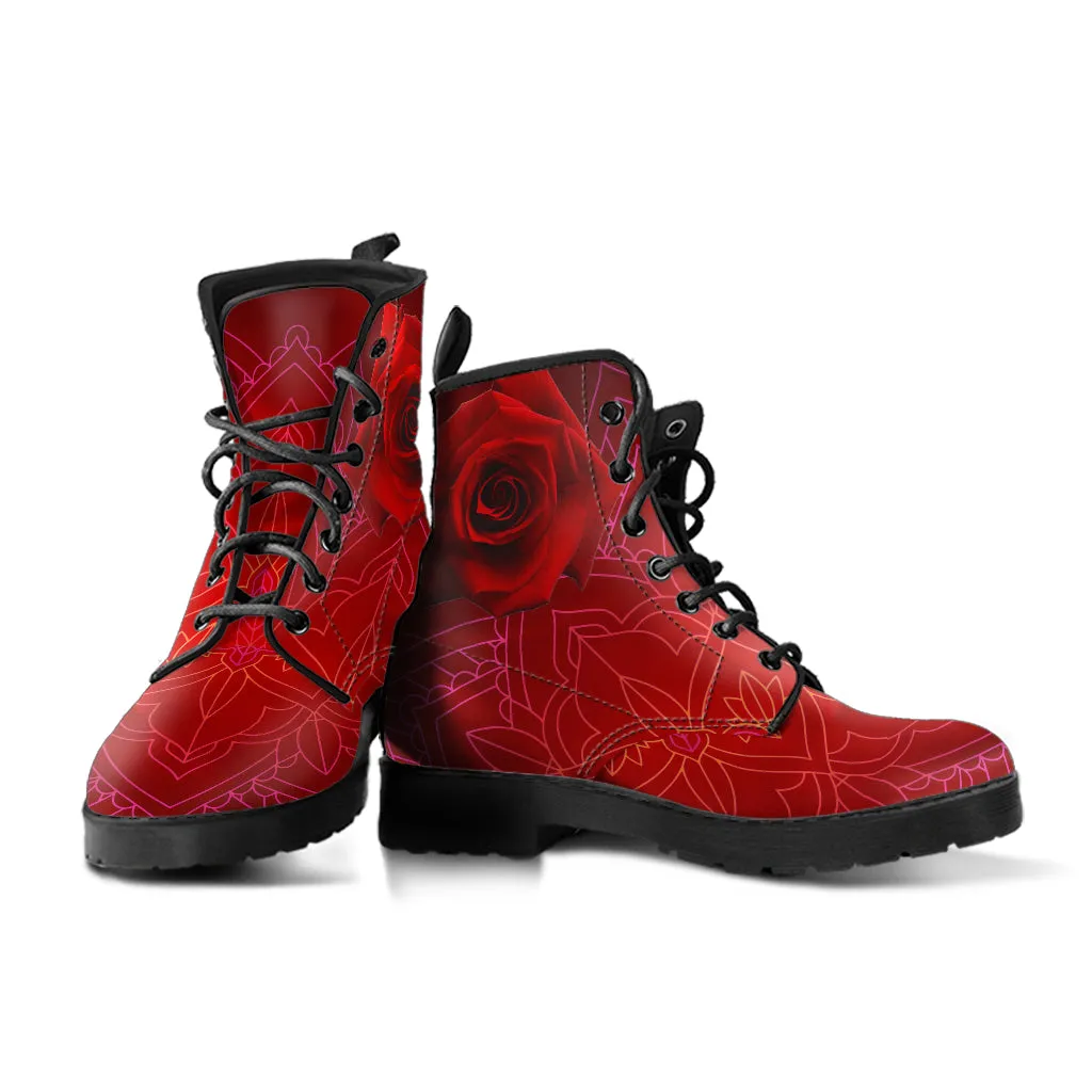 Combat Boots - Red Mandala | Handmade Lace Up Boots, Vegan Leather Lace Up Boots Women, Aesthetic Shoes, Sorority Shoes, Women's Boots