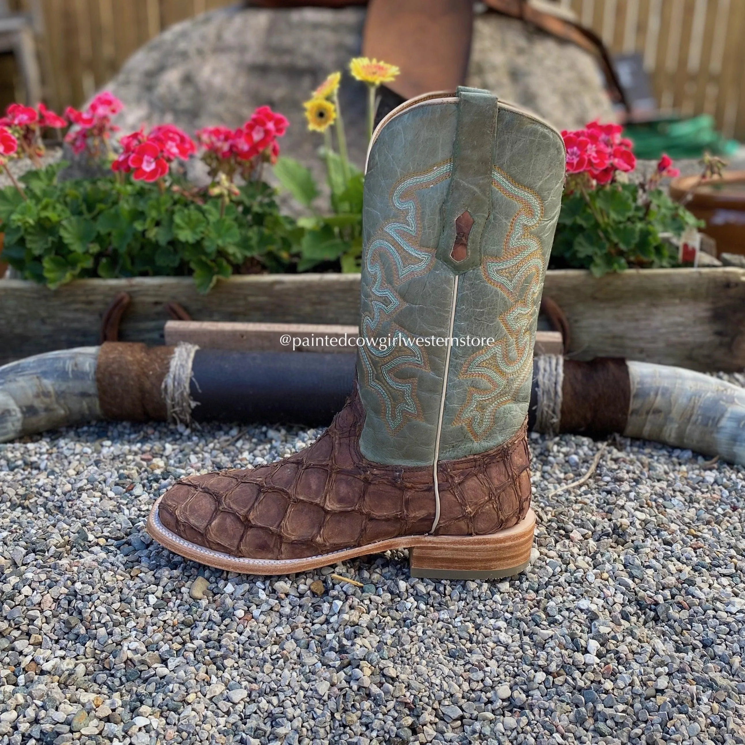 Corral Men's Brown Big Bass Pirarucu Fish Square Toe Cowboy Boots A4048