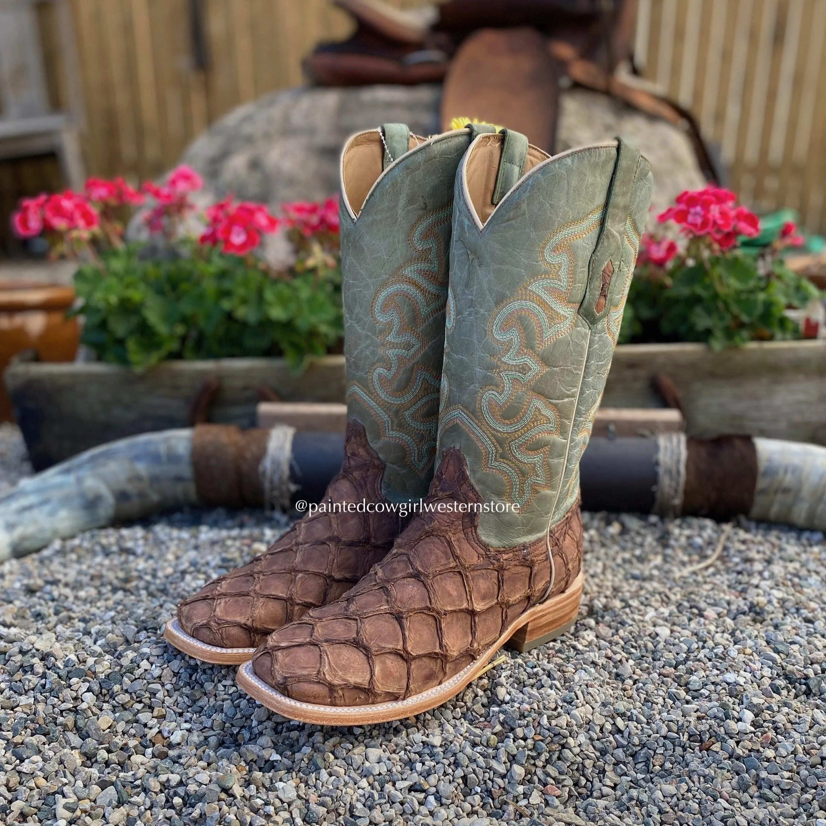 Corral Men's Brown Big Bass Pirarucu Fish Square Toe Cowboy Boots A4048