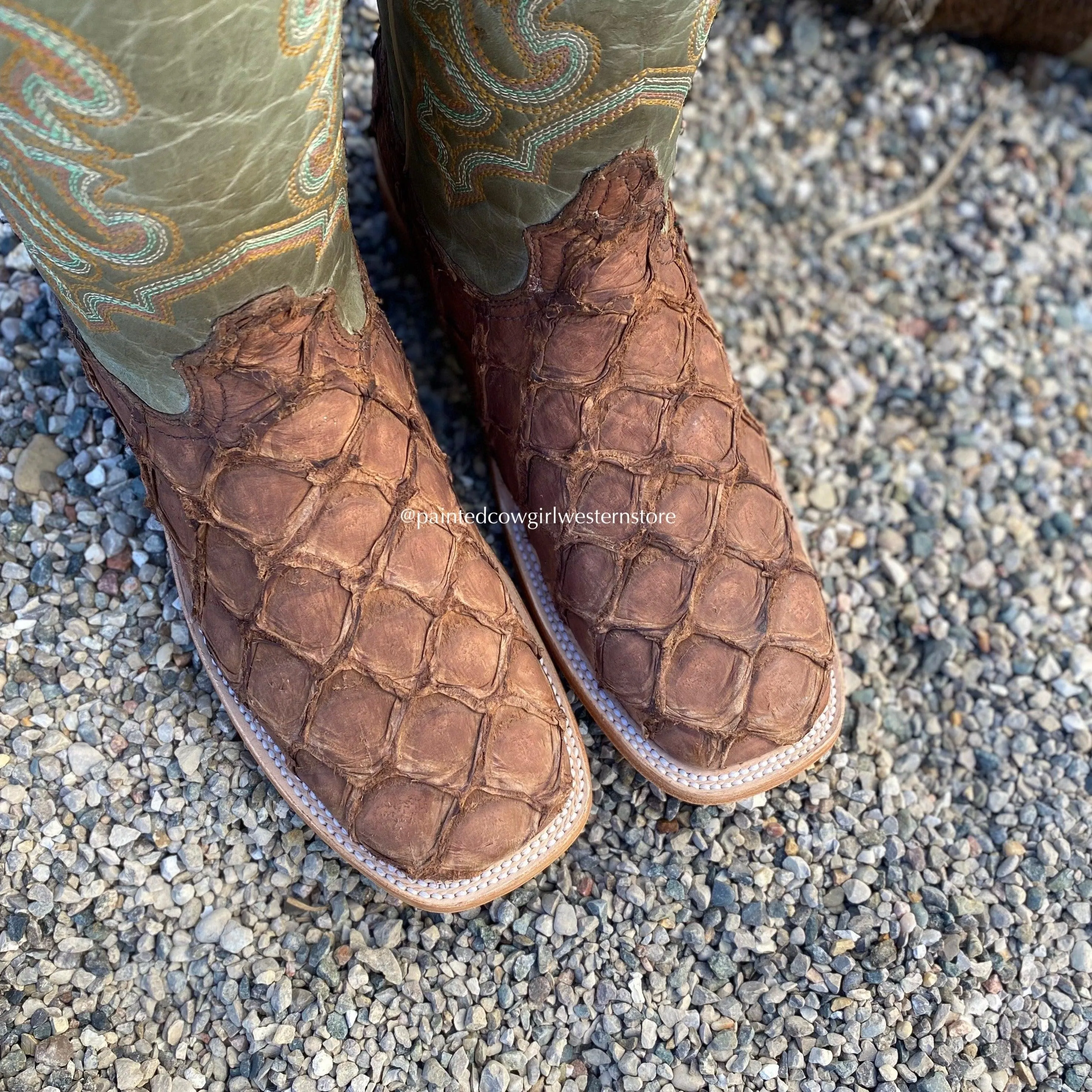 Corral Men's Brown Big Bass Pirarucu Fish Square Toe Cowboy Boots A4048
