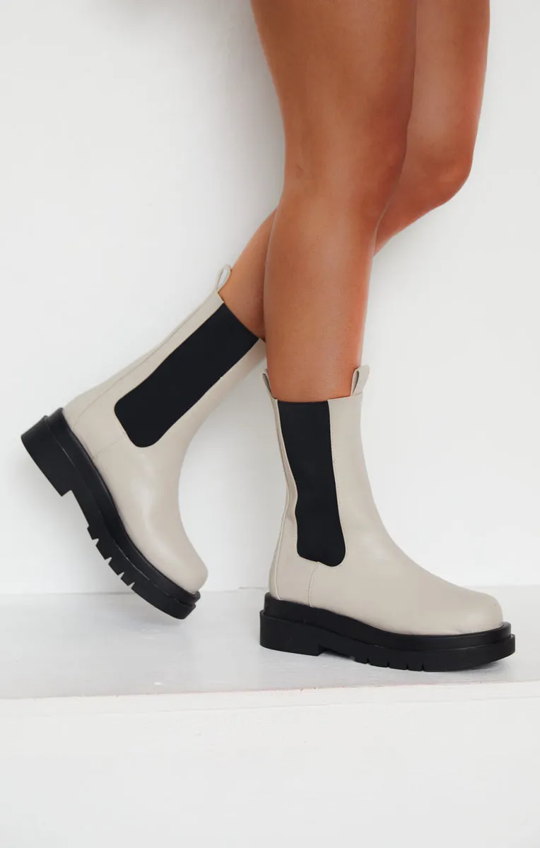 Cream PU Faux Leather Chunky Platform Mid Calf Chelsea Boots - Melissa