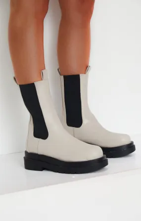 Cream PU Faux Leather Chunky Platform Mid Calf Chelsea Boots - Melissa