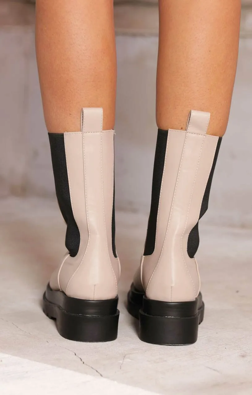 Cream PU Faux Leather Chunky Platform Mid Calf Chelsea Boots - Melissa