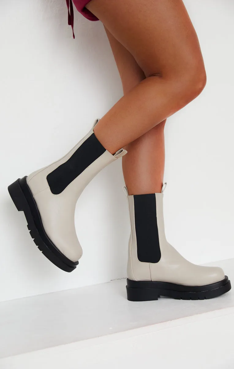 Cream PU Faux Leather Chunky Platform Mid Calf Chelsea Boots - Melissa