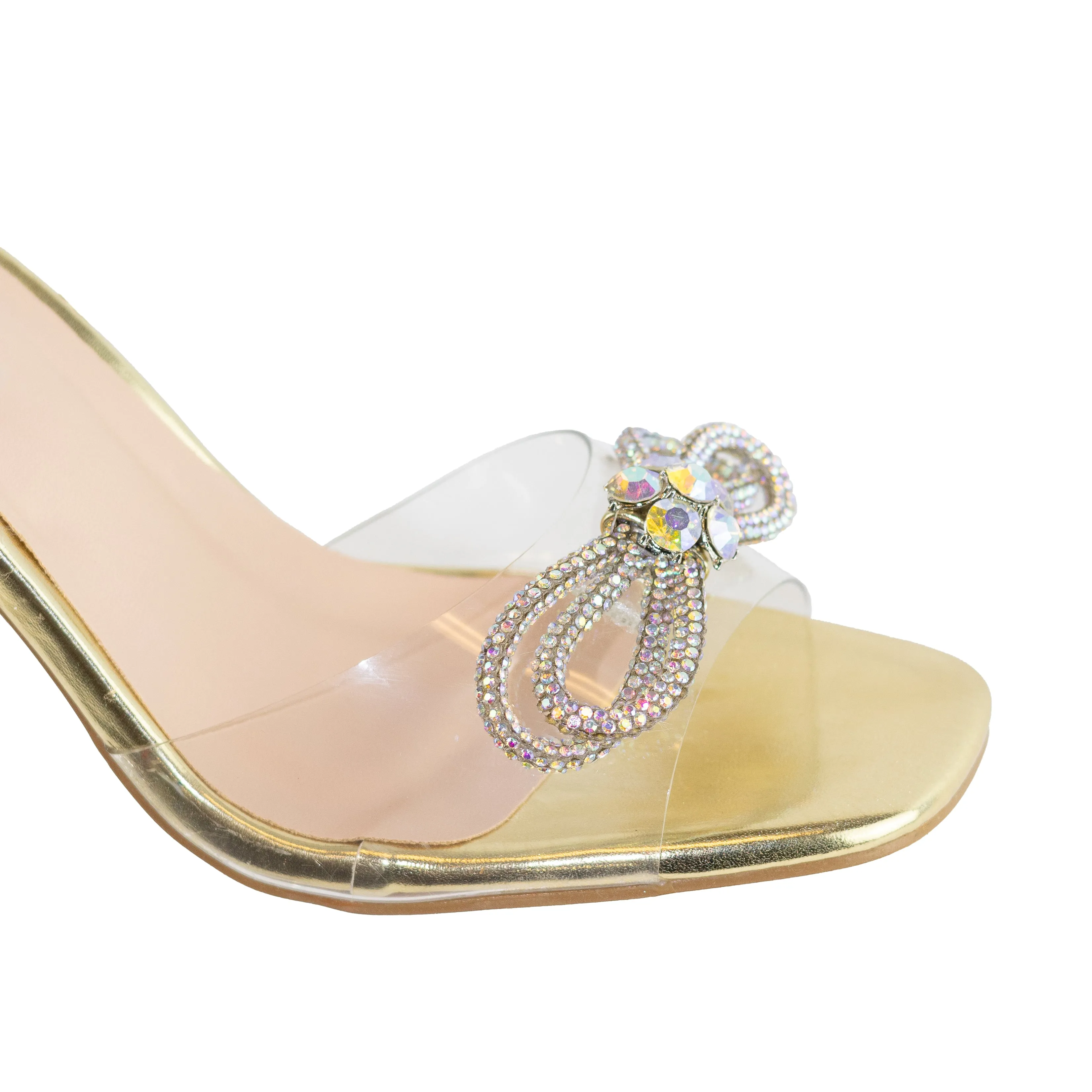 Dreamlike - Embellished Lace Up Heels, Clear Heel & Front Strap, Rhinestone Bow Accent, Glamorous Party Footwear, Bold & Elegant Design