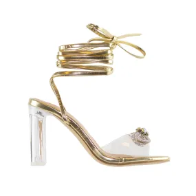 Dreamlike - Embellished Lace Up Heels, Clear Heel & Front Strap, Rhinestone Bow Accent, Glamorous Party Footwear, Bold & Elegant Design