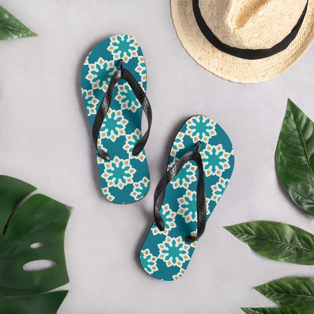 Flip-Flops - Arabesque Flowers in Aqua and Gold