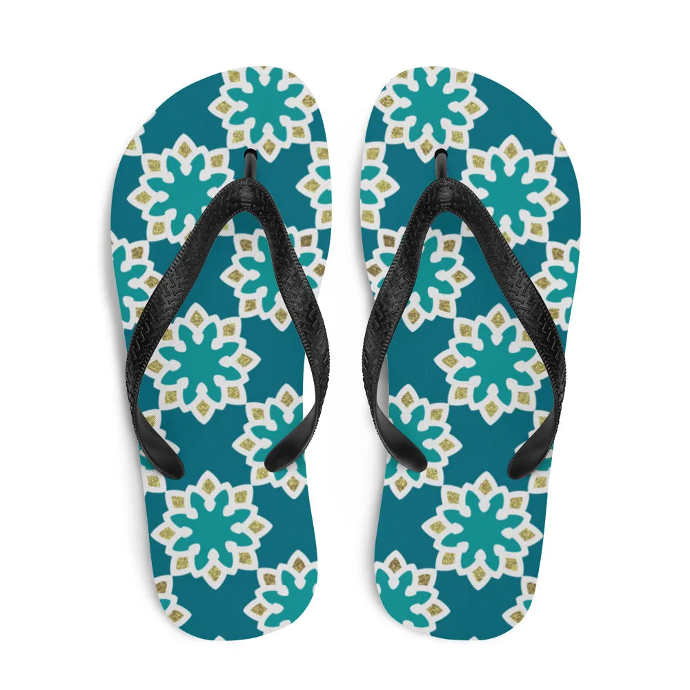 Flip-Flops - Arabesque Flowers in Aqua and Gold