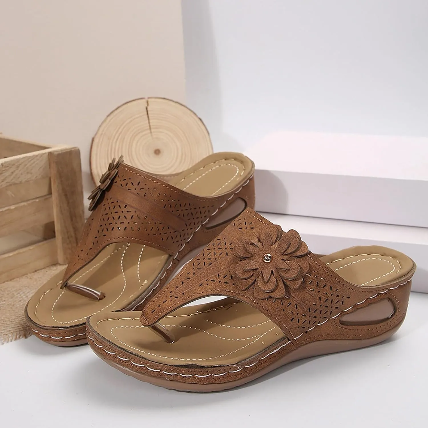 Flip Flops for Women with Arch Support Orthopedic Sandals Comfortable Walking Thong Sandals 3D Hollow Flower Wedge Sandals for Women Casual Slippers Slip On Platform Sandals Dressy Summer Beach Shoes
