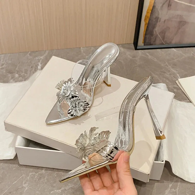 Flowers Pointed Toe Thin High Heel Mules