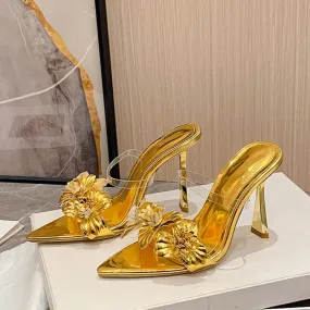 Flowers Pointed Toe Thin High Heel Mules