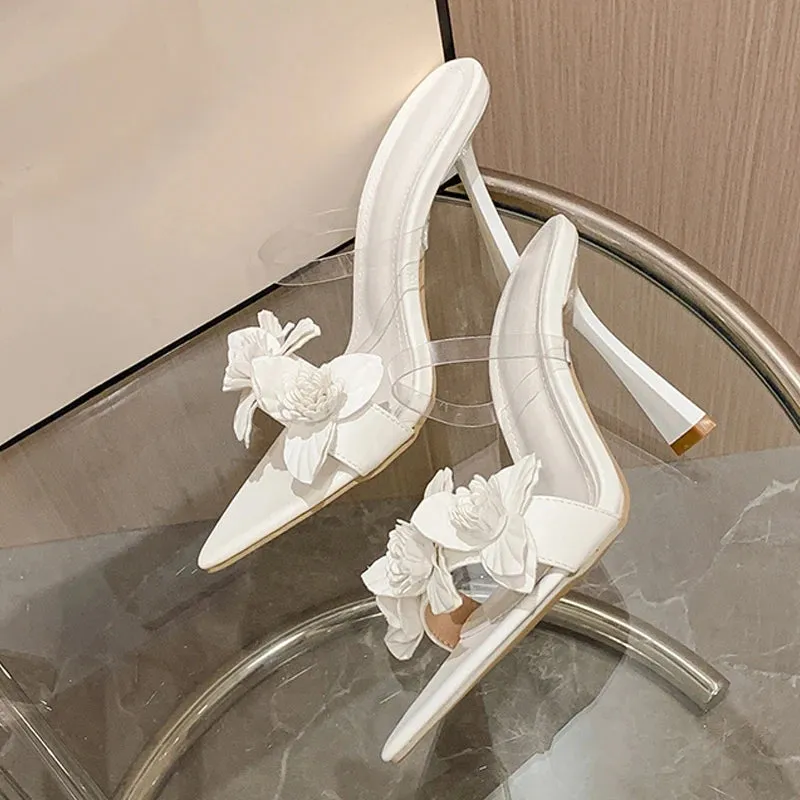 Flowers Pointed Toe Thin High Heel Mules