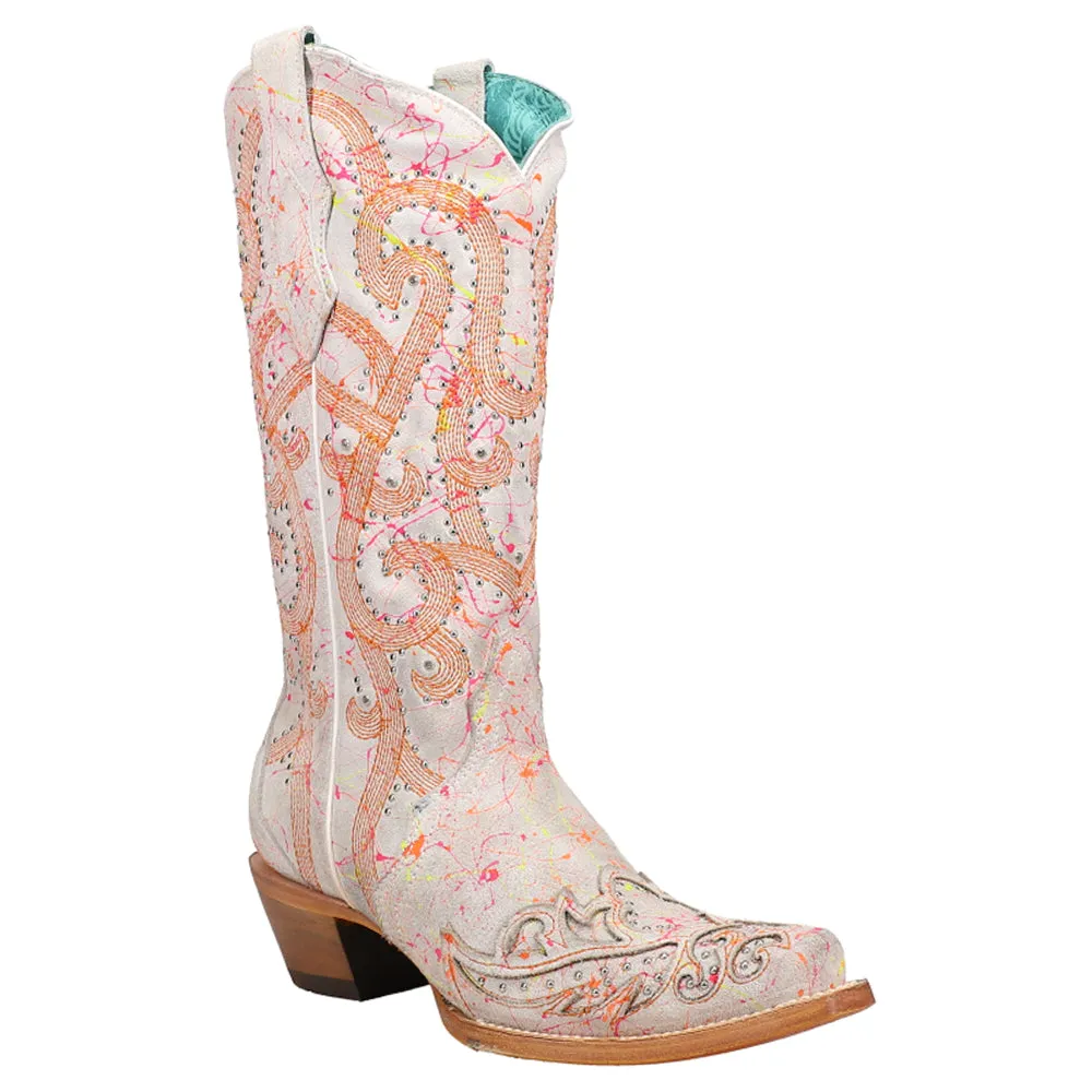 Fluorescent Embroidered Tooled Inlay Studded Snip Toe Cowboy Boots