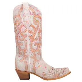 Fluorescent Embroidered Tooled Inlay Studded Snip Toe Cowboy Boots