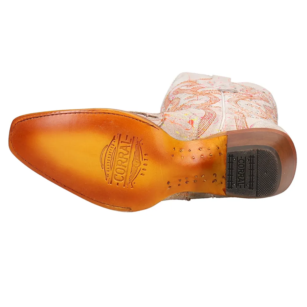 Fluorescent Embroidered Tooled Inlay Studded Snip Toe Cowboy Boots