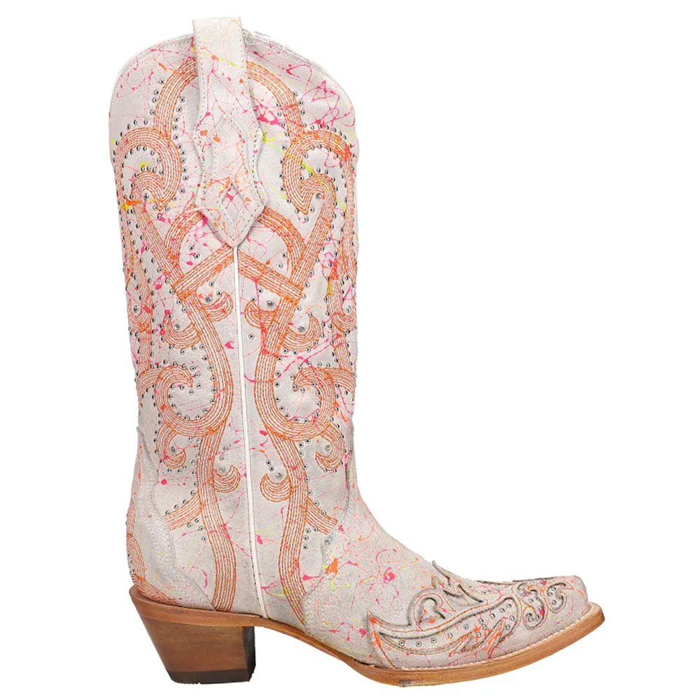 Fluorescent Embroidered Tooled Inlay Studded Snip Toe Cowboy Boots
