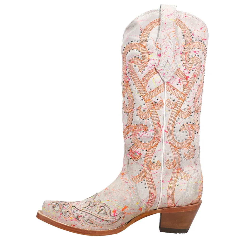 Fluorescent Embroidered Tooled Inlay Studded Snip Toe Cowboy Boots