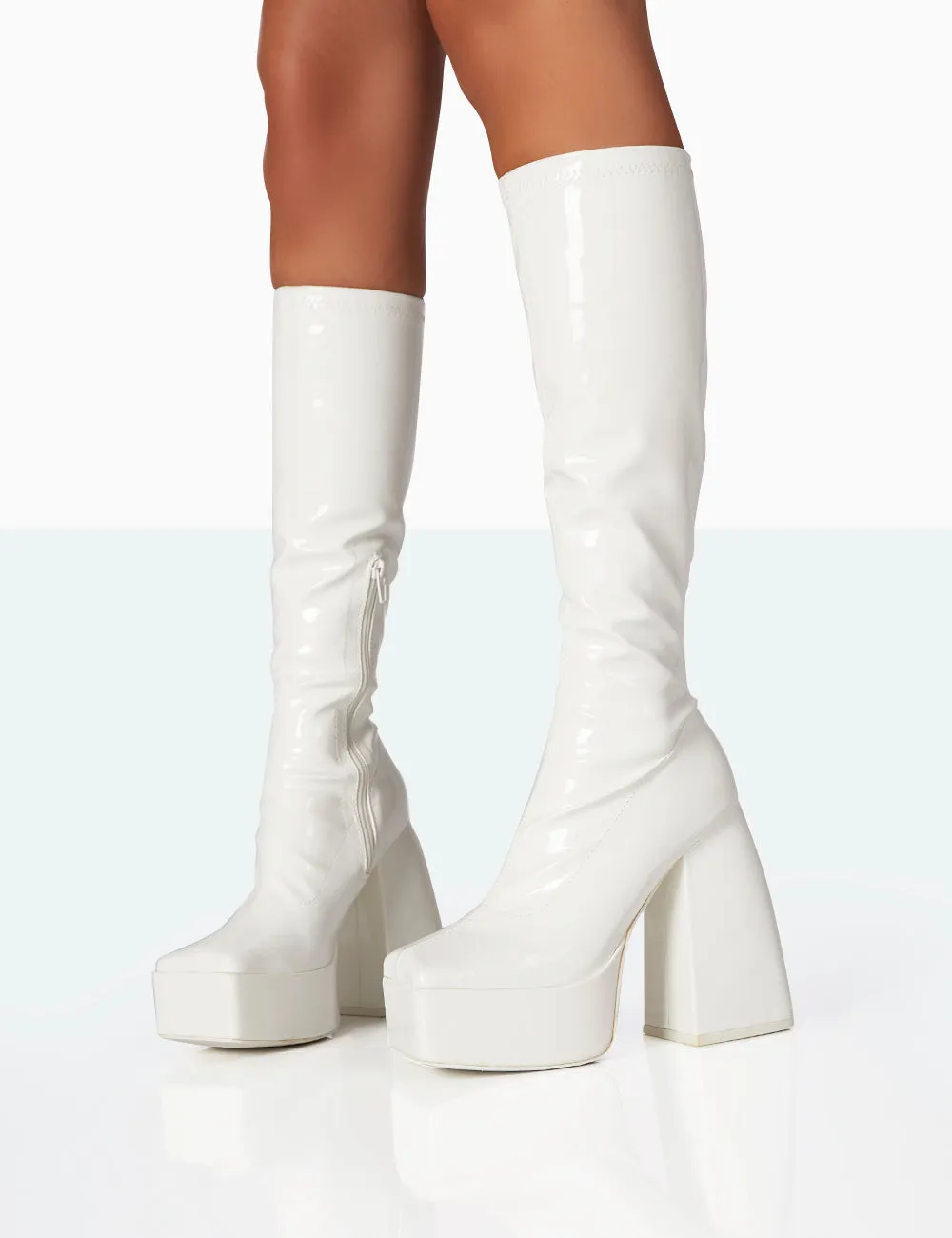Heartbeat White Patent PU Chunky Square Toe Platform Block Knee High Boots