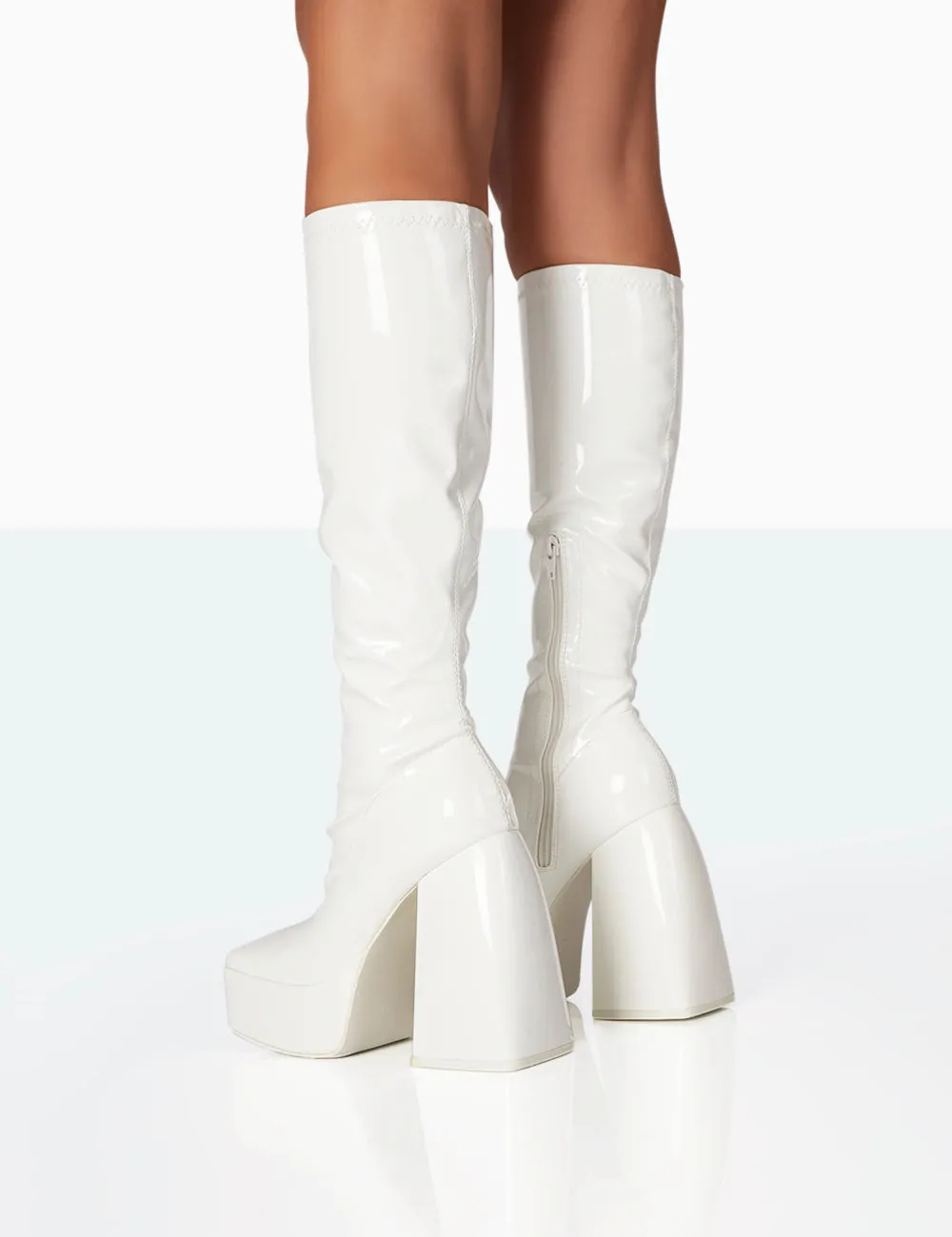 Heartbeat White Patent PU Chunky Square Toe Platform Block Knee High Boots