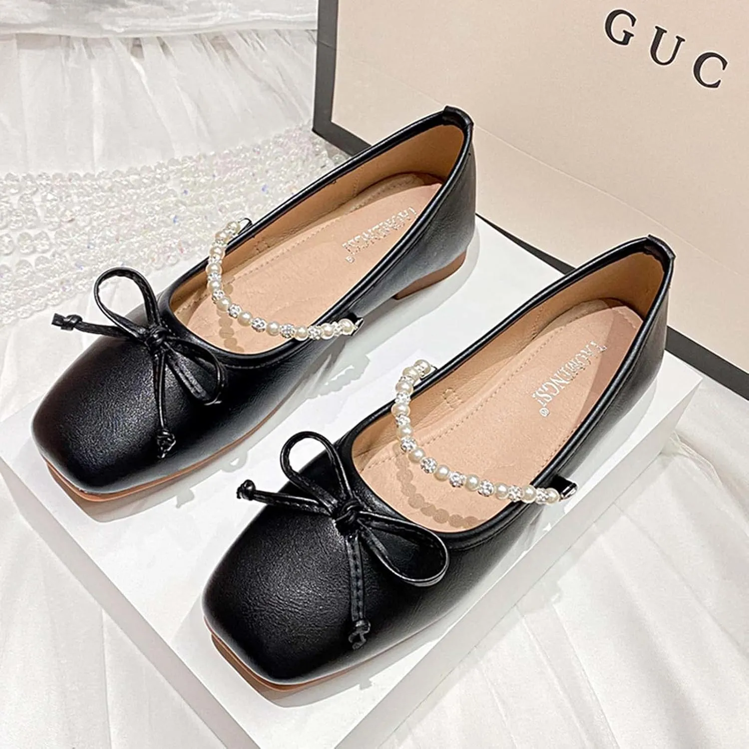 JOEupin Women's PU Leather Dress Shoes Square Toe Flats Shoes Soft Ballet Flats Shoes Work Shoes