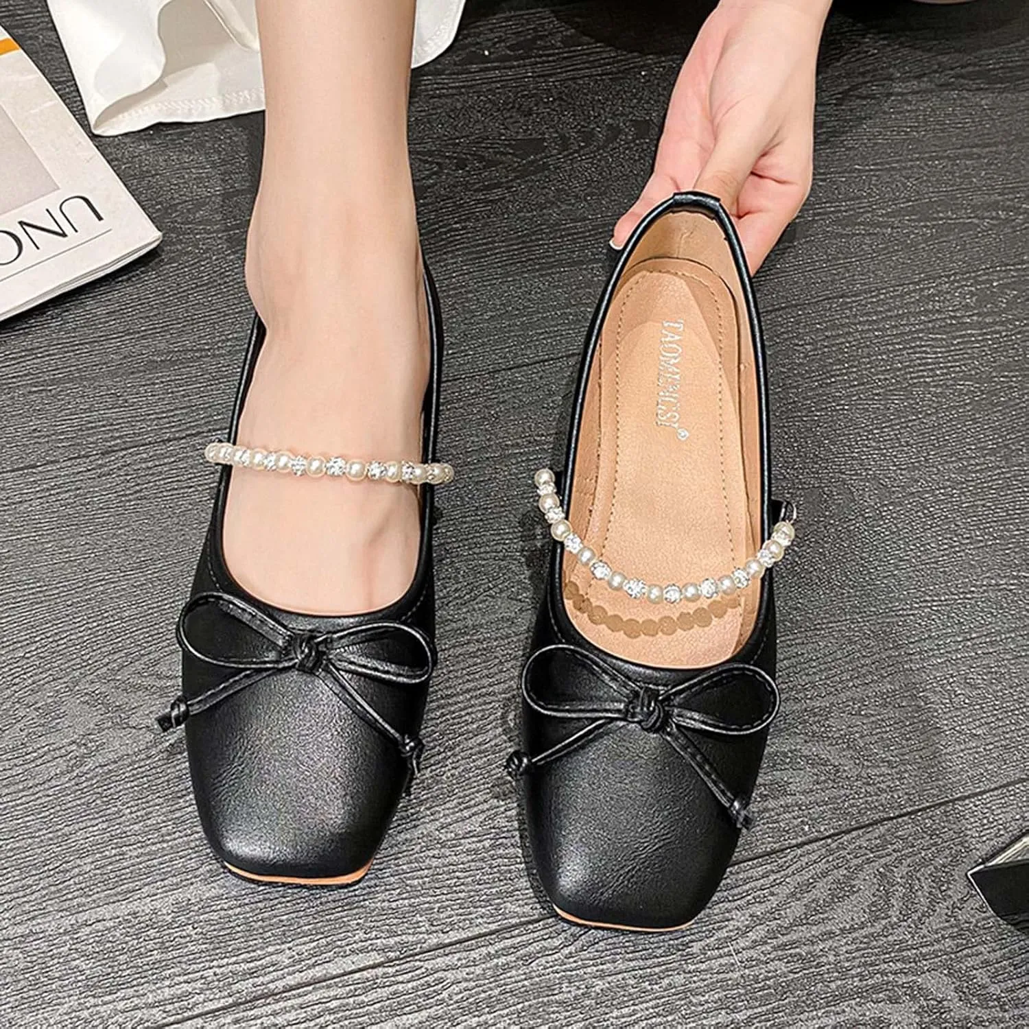 JOEupin Women's PU Leather Dress Shoes Square Toe Flats Shoes Soft Ballet Flats Shoes Work Shoes