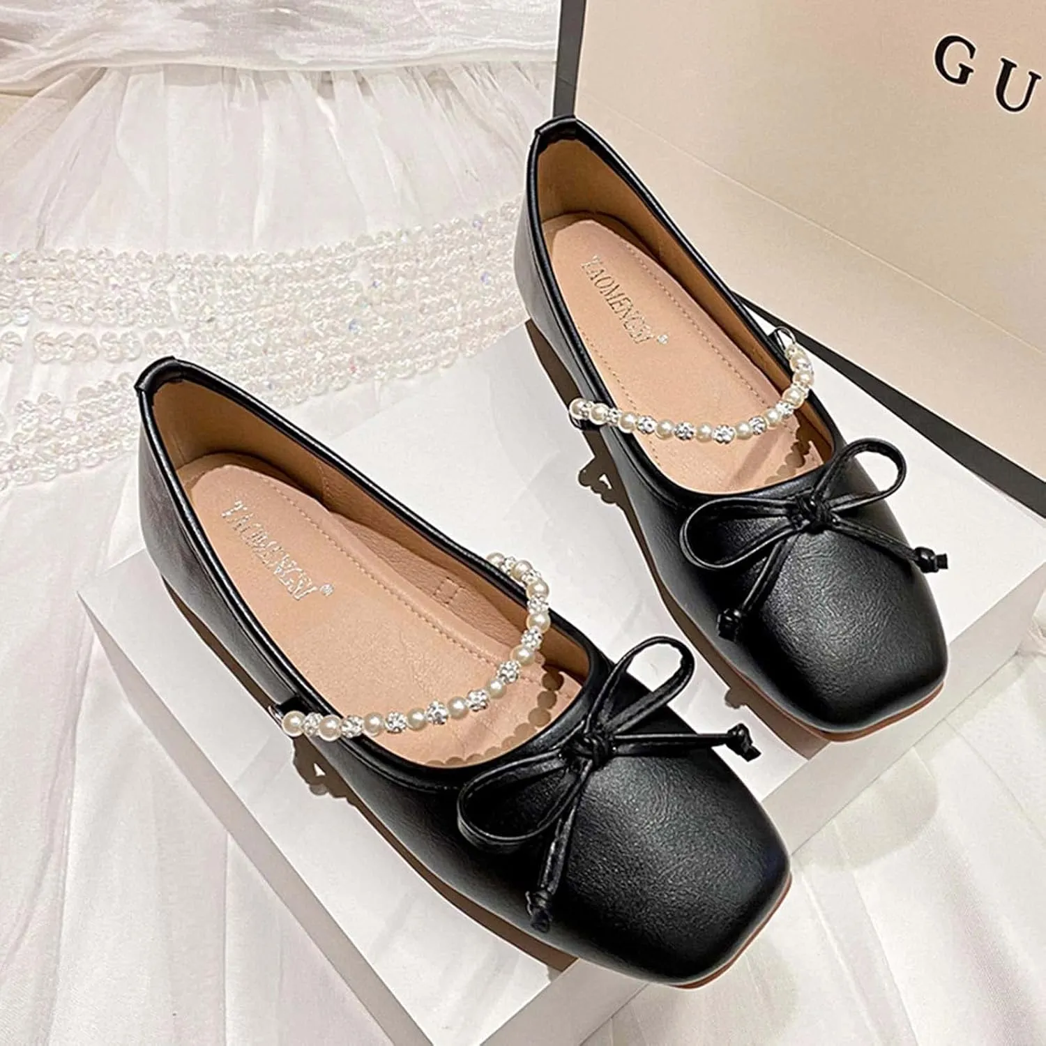 JOEupin Women's PU Leather Dress Shoes Square Toe Flats Shoes Soft Ballet Flats Shoes Work Shoes