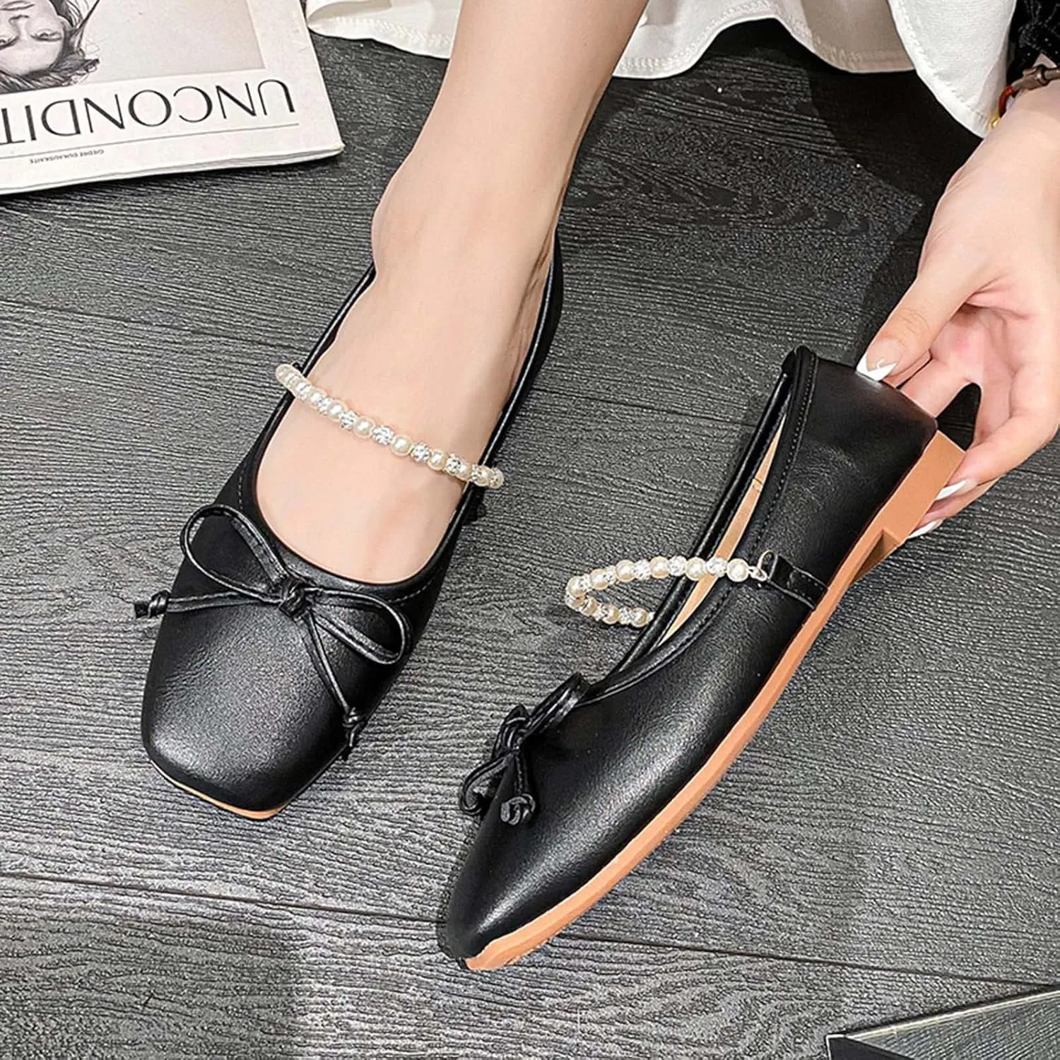 JOEupin Women's PU Leather Dress Shoes Square Toe Flats Shoes Soft Ballet Flats Shoes Work Shoes